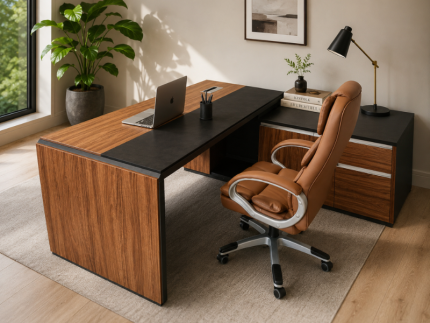 Afton Executive Office Set | L-Shape Ebony Desk + Barte Brown Ergonomic Chair | Complete Home & Office Setup | South Africa